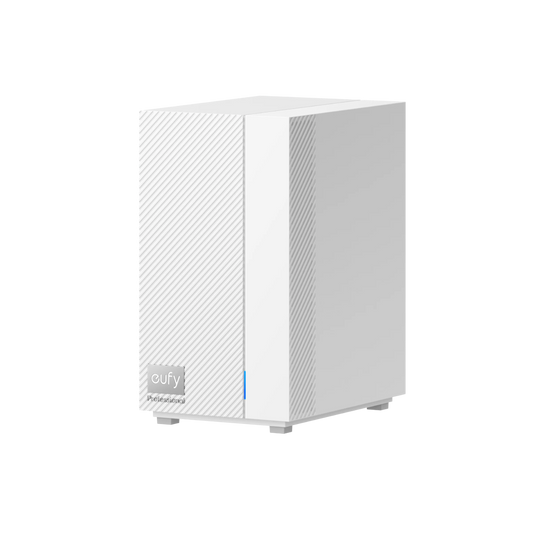 Witte Eufy HomeBase Professional S1 NVR met strak design, diagonaal gestreept patroon en blauwe statusindicator.