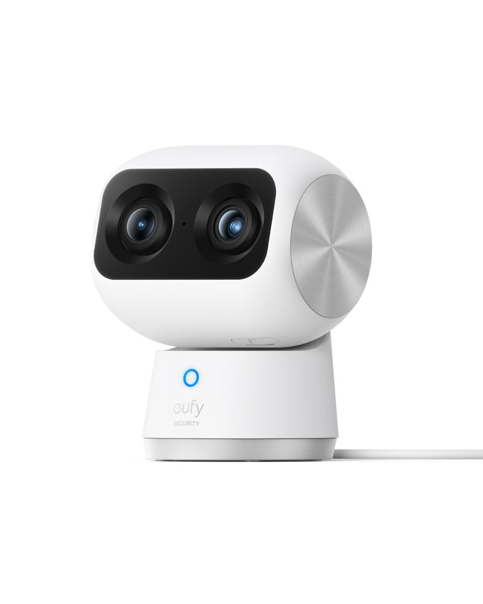 Witte Eufy Indoor Cam S350 beveiligingscamera met dubbele lens, 360 graden PTZ-design en blauw statuslampje.