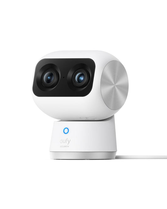 Witte Eufy Indoor Cam S350 beveiligingscamera met dubbele lens, 360 graden PTZ-design en blauw statuslampje.