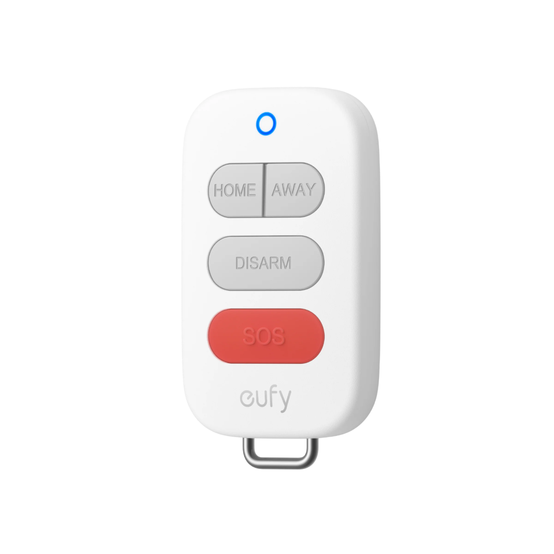 Witte Eufy Key Fob E10 afstandsbediening met vier knoppen, inclusief een rode SOS-knop en een blauw statuslampje.