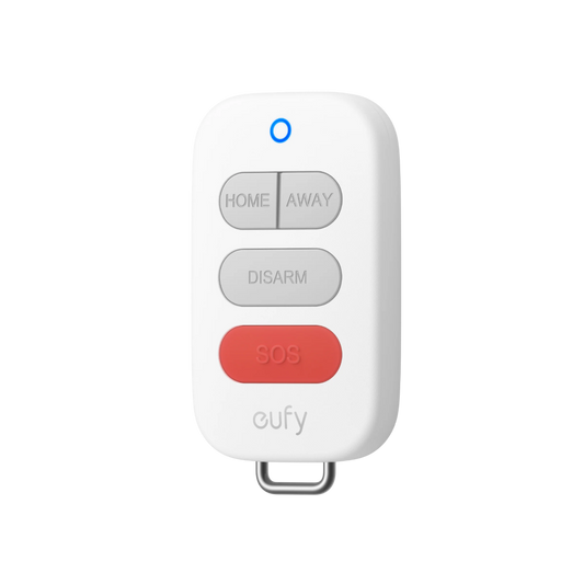 Witte Eufy Key Fob E10 afstandsbediening met vier knoppen, inclusief een rode SOS-knop en een blauw statuslampje.