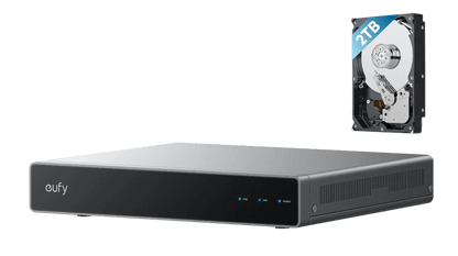 Eufy NVR S4 netwerkrecorder in strak zwart design met 2TB harde schijf voor lokale opslag en PoE-ondersteuning.