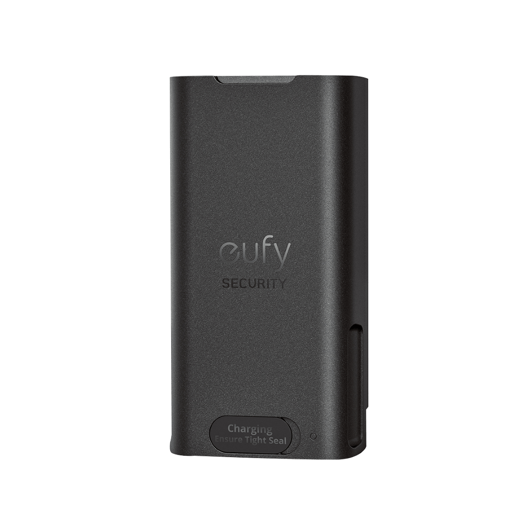 Zwarte oplaadbare 6.500 mAh Eufy batterij voor E340 deurbel met USB-C oplaadpoort en Eufy Security logo.