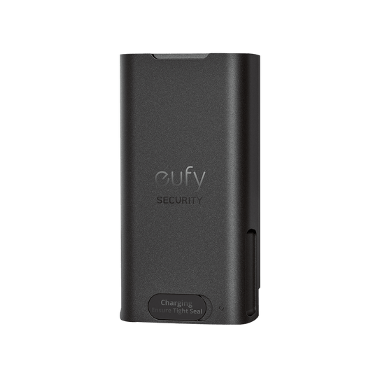 Zwarte oplaadbare 6.500 mAh Eufy batterij voor E340 deurbel met USB-C oplaadpoort en Eufy Security logo.