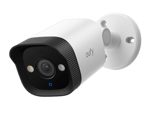 Witte Eufy PoE Bullet E40 beveiligingscamera met zwarte lensbehuizing en ronde muurbevestiging.