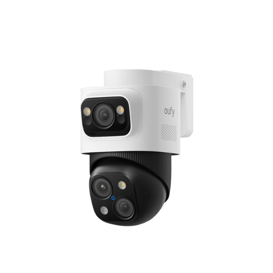 Witte Eufy PoE Bullet-PTZ S4 beveiligingscamera met dubbele lens, 360° draaibaar ontwerp en zwarte PTZ-module.