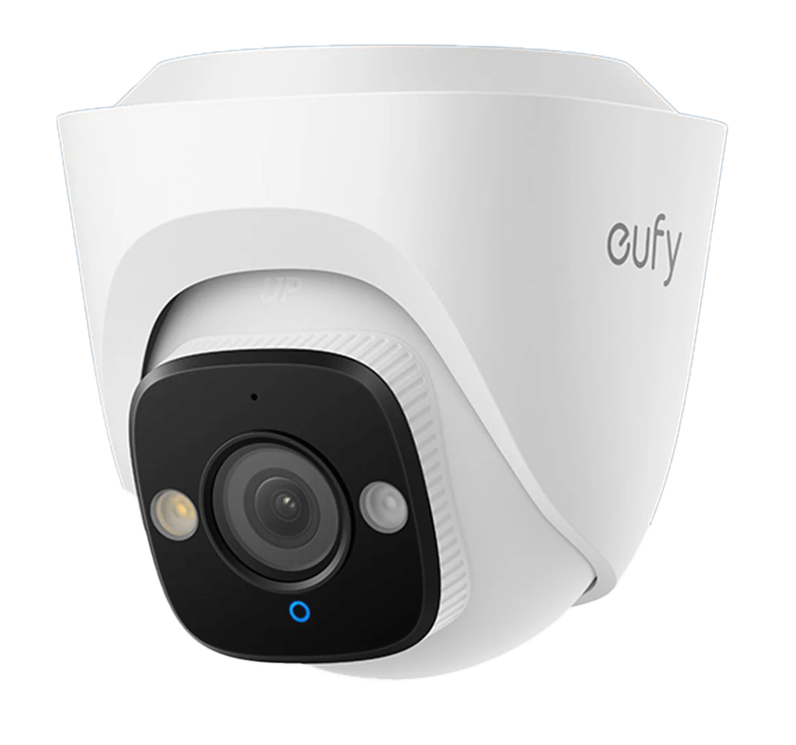 Witte Eufy PoE Turret E41 4K beveiligingscamera met zwart lensgedeelte en compact turret-design.
