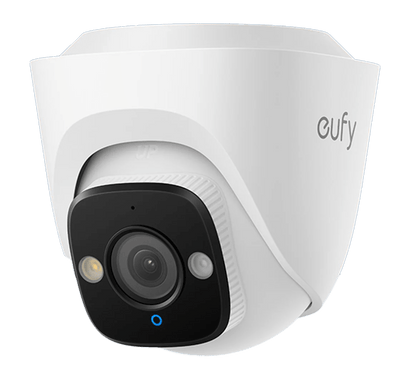 Witte Eufy PoE Turret E41 4K beveiligingscamera met zwart lensgedeelte en compact turret-design.