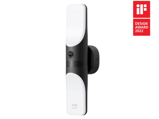 Eufy S100 wandlamp met 2K beveiligingscamera, strak zwart-wit design met geïntegreerde verlichting en iF Design Award 2022.