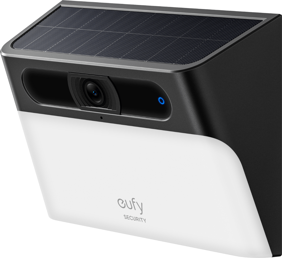 Eufy S120 zwarte wandlamp met geïntegreerde 2K beveiligingscamera en zonnepaneel aan de bovenzijde.