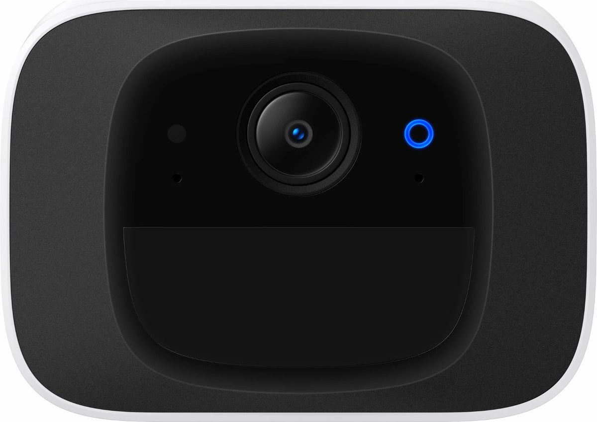 Eufy S220 SoloCam beveiligingscamera met zwarte lens, blauw statuslampje en strak wit-zwart design voor buiten.