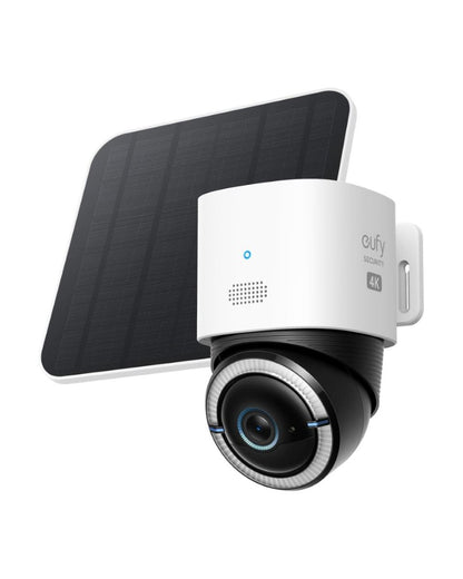 Witte Eufy S330 4K beveiligingscamera met draaibaar zwart lensgedeelte en bijbehorend zwart zonnepaneel op witte achtergrond.