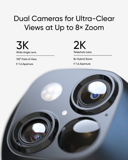 Eufy S340 SoloCam met dual-lens systeem, 3K groothoek en 2K telelens voor 8x zoom in een strak zwart design.