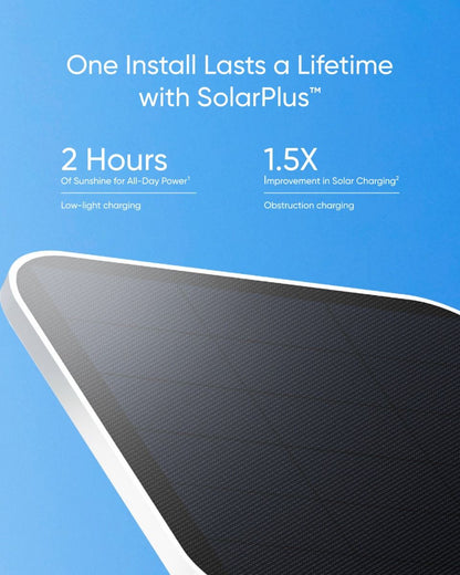 Zwart zonnepaneel van de Eufy S340 SoloCam met witte rand tegen een blauwe achtergrond en tekst over SolarPlus-technologie.