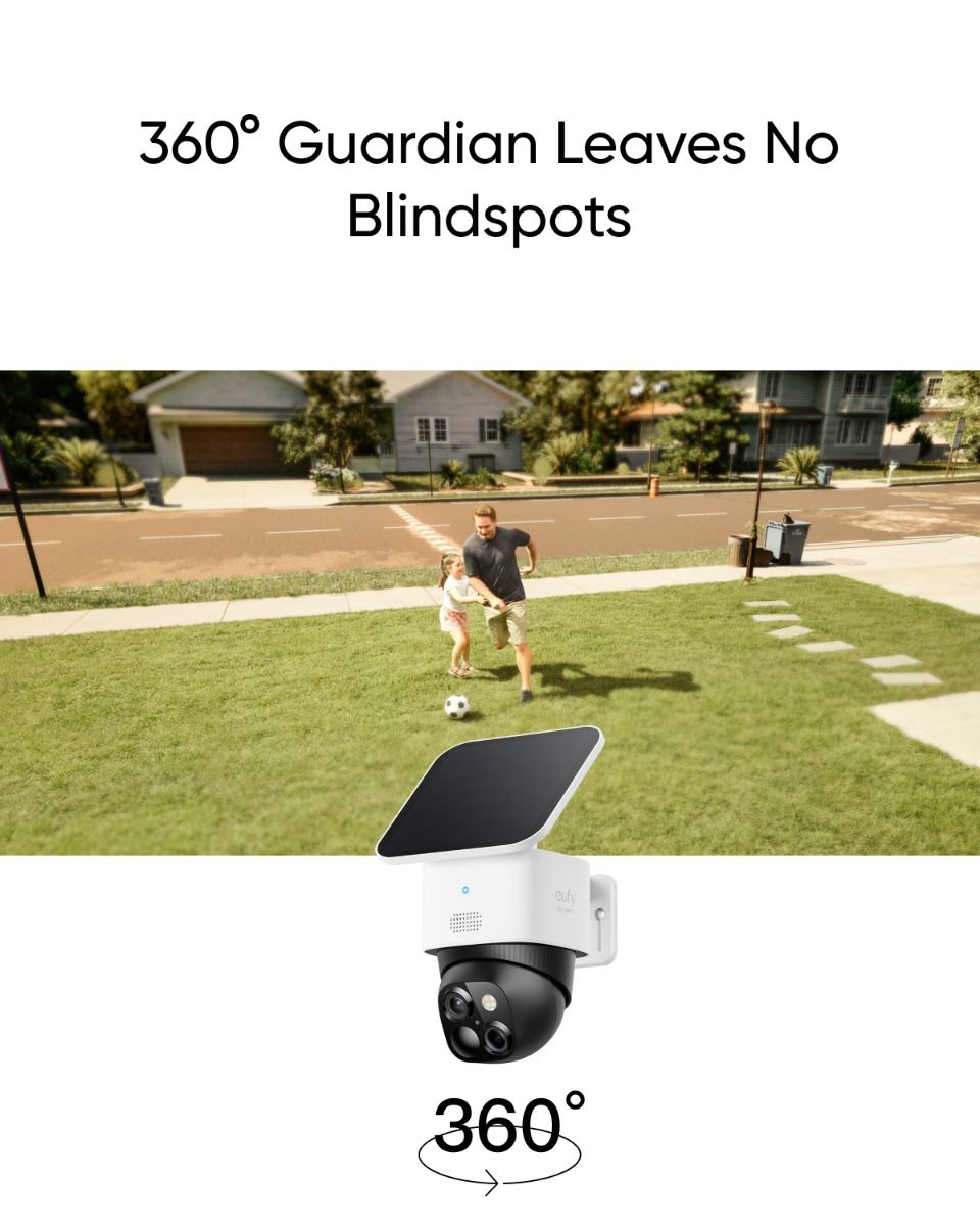 Eufy S340 SoloCam met zonnepaneel en dual-lens systeem voor 360° bewaking in een tuin.