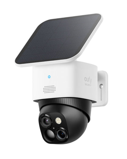 Eufy S340 SoloCam beveiligingscamera met wit zonnepaneel, dual-lens systeem en zwarte draaibare PTZ-behuizing.