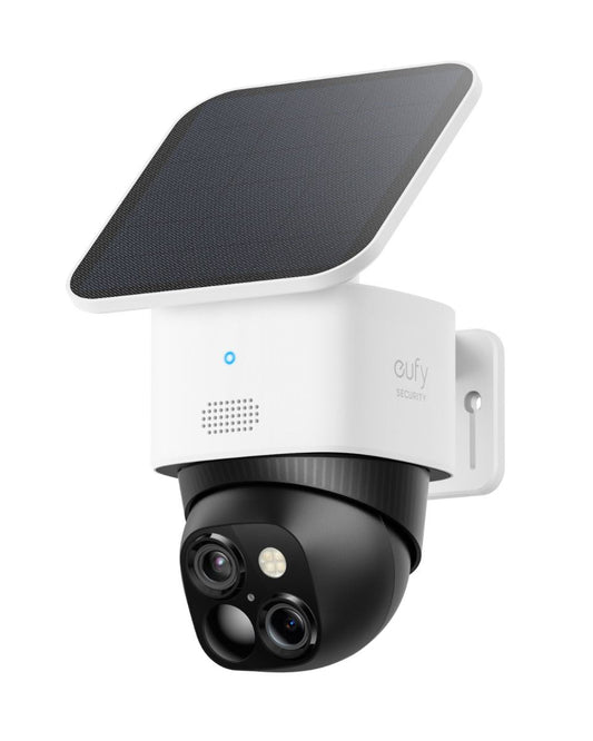 Eufy S340 SoloCam beveiligingscamera met wit zonnepaneel, dual-lens systeem en zwarte draaibare PTZ-behuizing.