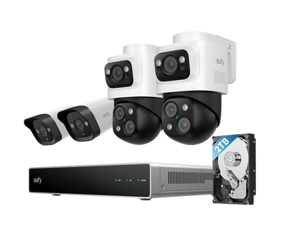 Eufy S4 PoE-beveiligingsset met twee 4K bullet-camera's, twee 4K PTZ-camera's, NVR-recorder en 2TB harde schijf.