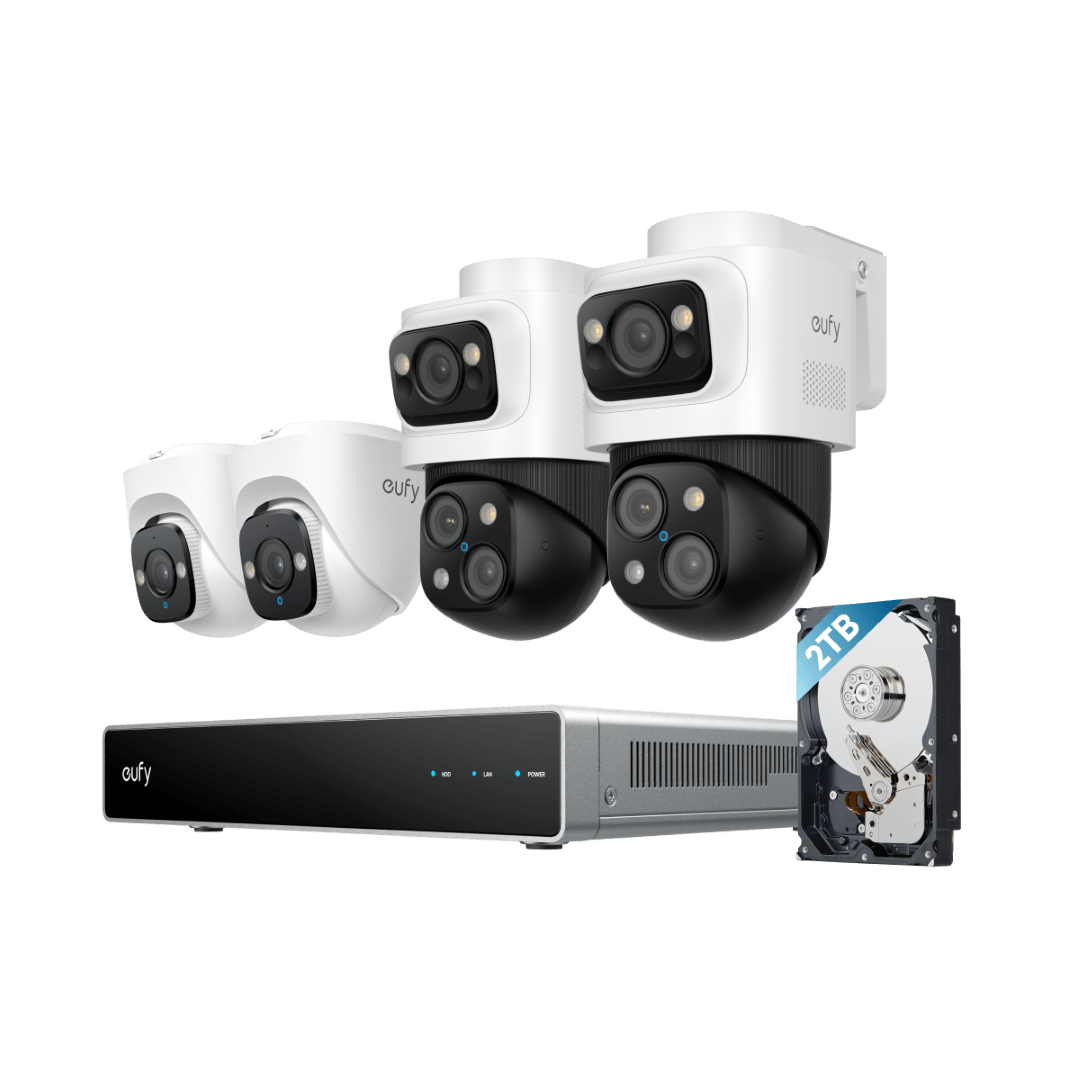 Eufy S4 PoE-beveiligingsset met twee witte 4K turret-camera's, twee 4K bullet-PTZ-camera's, NVR en 2TB harde schijf.