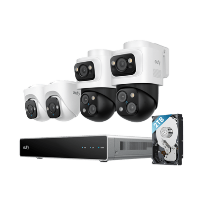 Eufy S4 PoE-beveiligingsset met twee witte 4K turret-camera's, twee 4K bullet-PTZ-camera's, NVR en 2TB harde schijf.