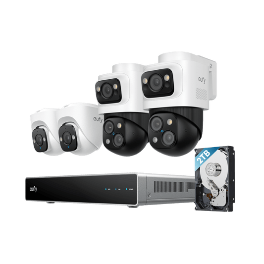 Eufy S4 PoE-beveiligingsset met twee witte 4K turret-camera's, twee 4K bullet-PTZ-camera's, NVR en 2TB harde schijf.