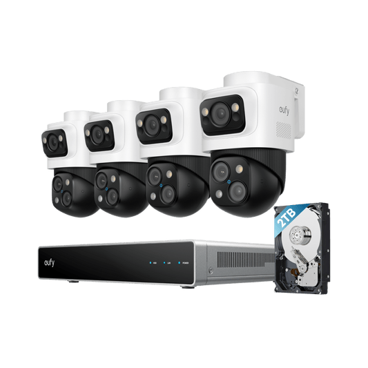 Eufy S4 Max beveiligingssysteem met vier witte triple-lens PTZ-camera's, NVR-recorder en 2TB harde schijf.