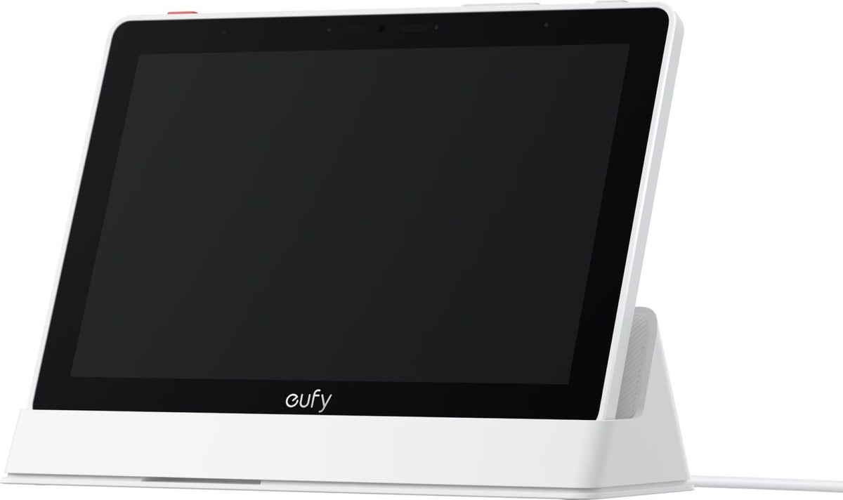 Witte Eufy Smart Display E10 met 8-inch HD-touchscreen op een bijpassende standaard voor beveiligingscamera's.