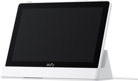 Witte Eufy Smart Display E10 met 8-inch HD-touchscreen op een bijpassende standaard voor beveiligingscamera's.