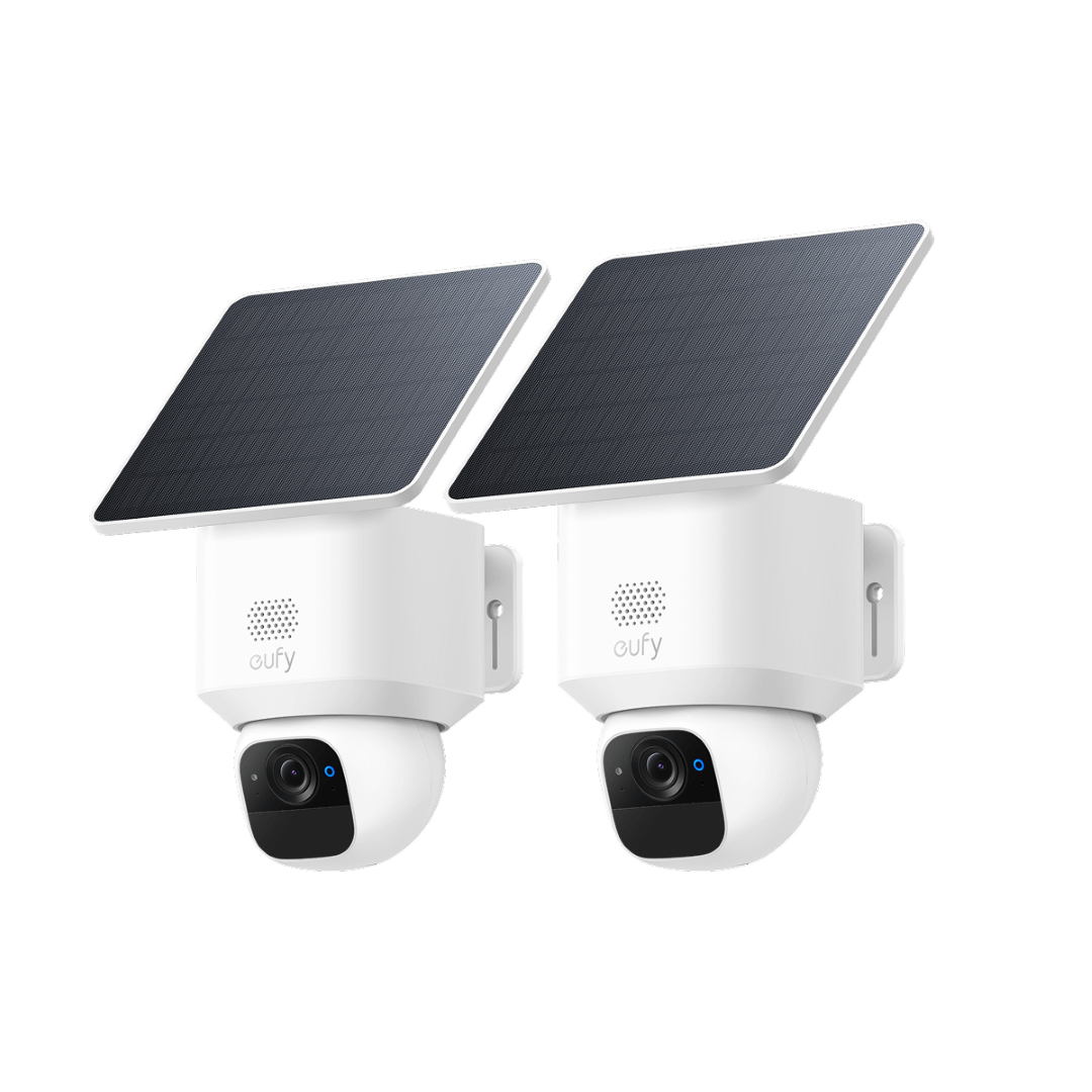 Twee witte Eufy SoloCam E30 beveiligingscamera's met zonnepaneel, 2K-resolutie en draaibaar pan-tilt ontwerp.