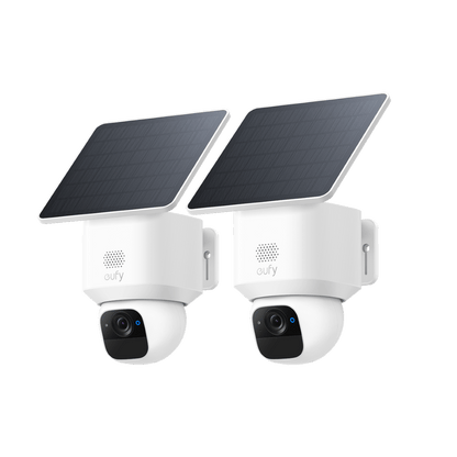 Twee witte Eufy SoloCam E30 beveiligingscamera's met zonnepaneel, 2K-resolutie en draaibaar pan-tilt ontwerp.