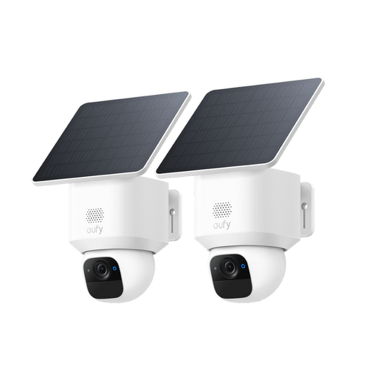 Twee witte Eufy SoloCam E30 beveiligingscamera's met zonnepaneel, 2K-resolutie en draaibaar pan-tilt ontwerp.
