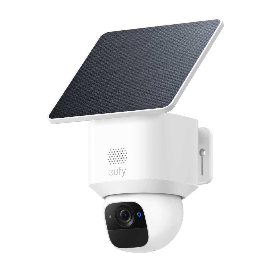 Witte Eufy SoloCam E30 draadloze 2K beveiligingscamera met zonnepaneel en 360° pan-tilt lens.