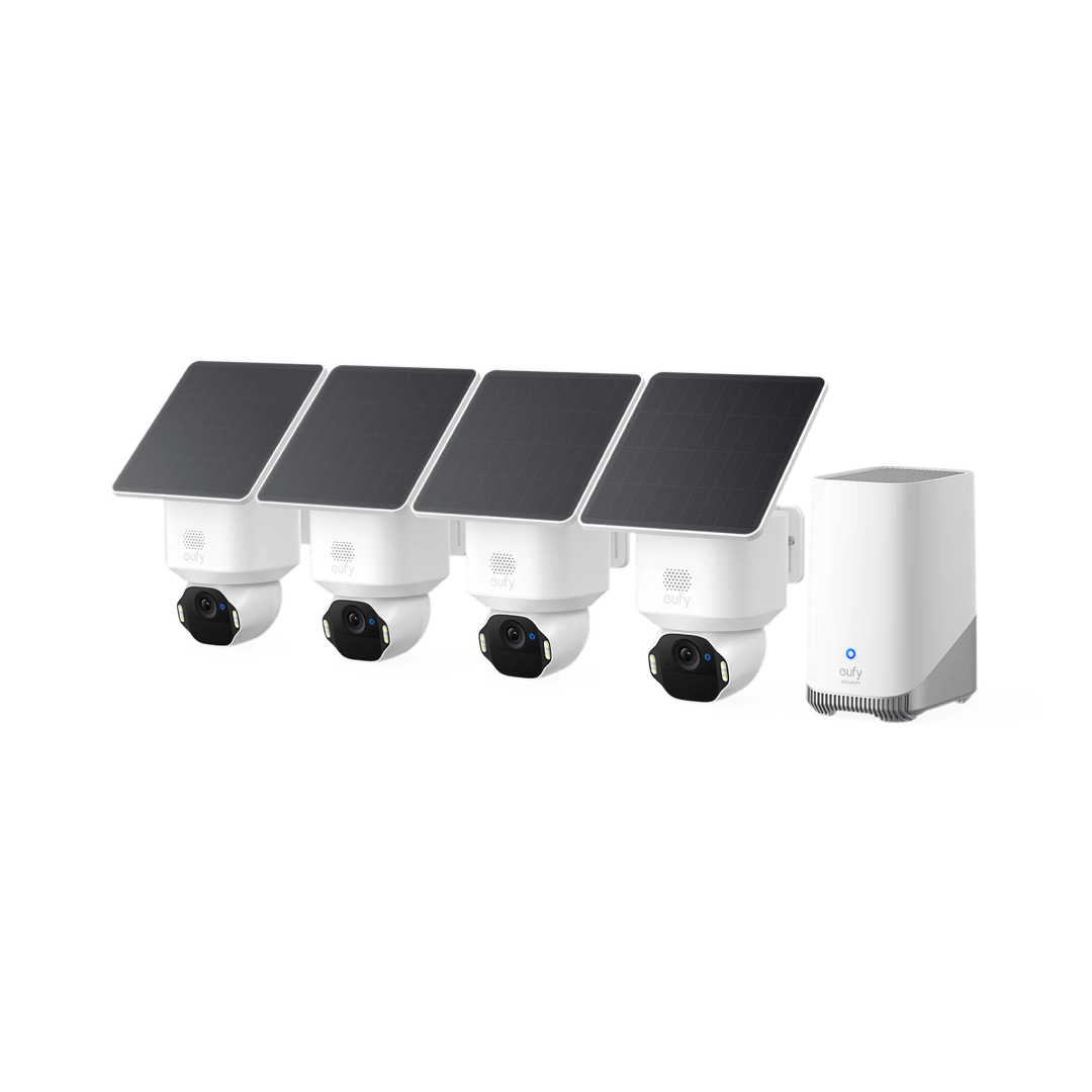 Vier witte Eufy SoloCam E42 beveiligingscamera's met zonnepanelen en een Homebase 3 basisstation.