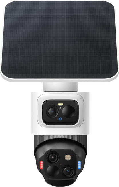 Witte Eufy SoloCam S4 beveiligingscamera met zonnepaneel, dual-lens systeem en 360° PTZ-functie.