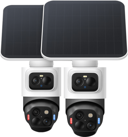 Twee witte Eufy SoloCam S4 4K beveiligingscamera's met zonnepaneel, dual-lens systeem en 360 graden pan-tilt functionaliteit.