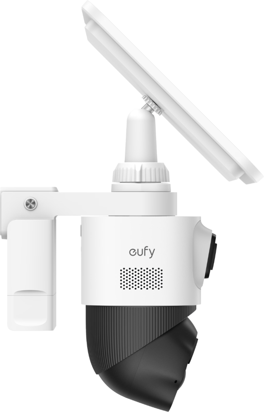 Witte Eufy SoloCam S4 beveiligingscamera met zonnepaneel, dual-lens systeem en 360° draaibare zwarte camerakop.