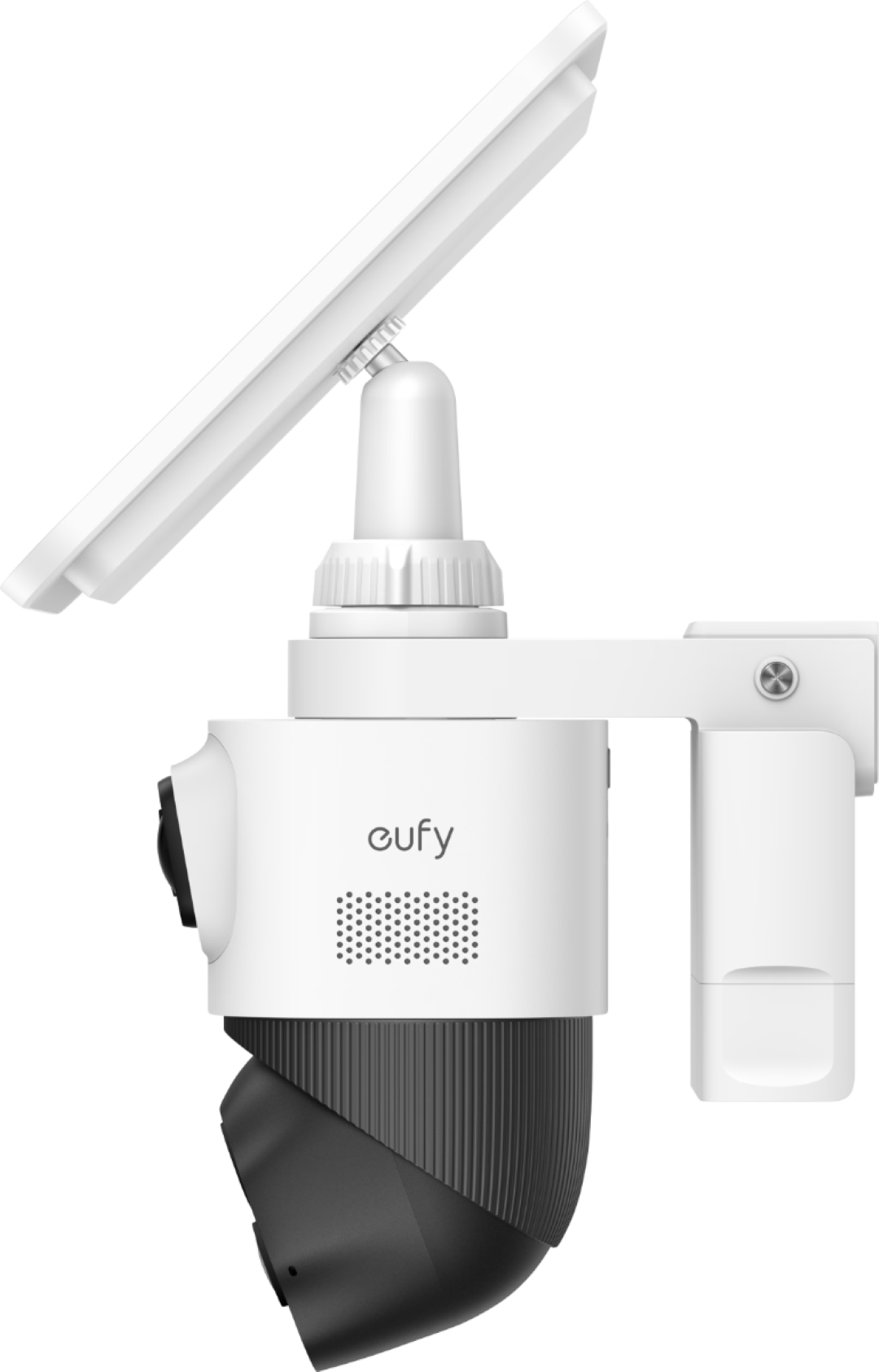Witte Eufy SoloCam S4 dual-lens beveiligingscamera met zonnepaneel, 360° PTZ-module en zwarte camerakop.