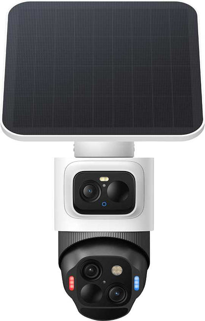 Witte Eufy SoloCam S4 4K beveiligingscamera met dual-lens systeem, 360° PTZ en geïntegreerd zonnepaneel.