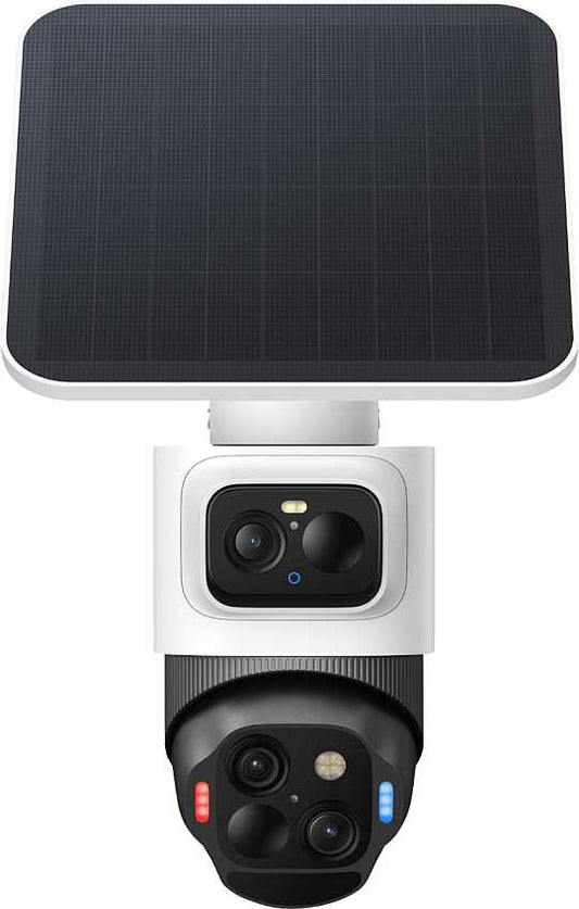 Witte Eufy SoloCam S4 4K beveiligingscamera met dual-lens systeem, 360° PTZ en geïntegreerd zonnepaneel.
