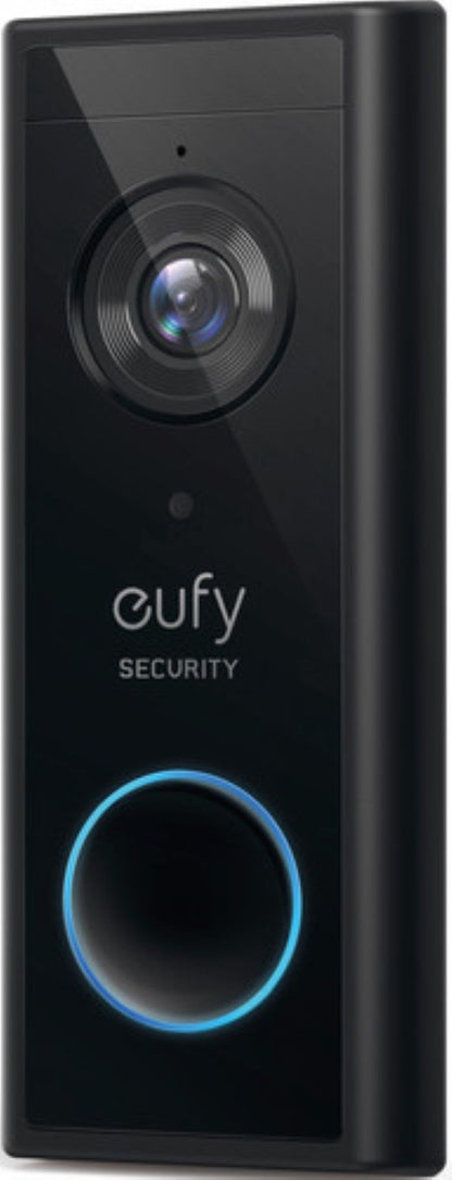 Zwarte Eufy draadloze videodeurbel met 4MP camera, AI-detectie en verlichte ronde drukknop.