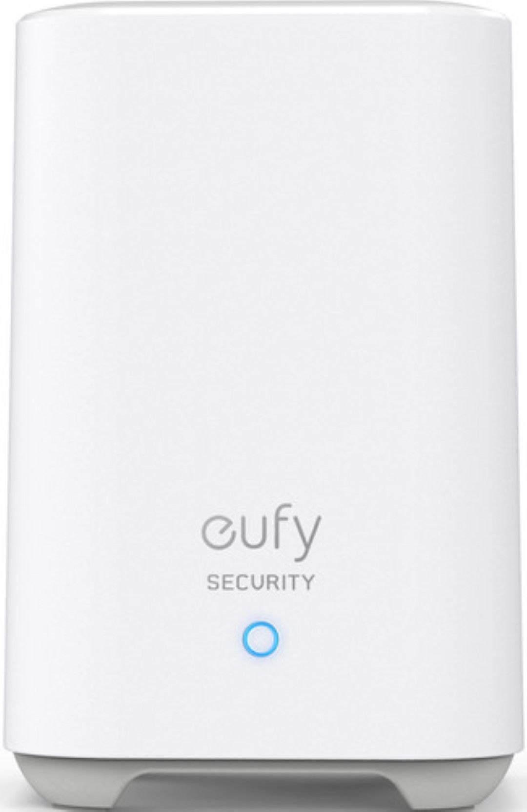 Witte Eufy Security HomeBase met strak design, grijs logo en oplichtende blauwe statusindicator aan de voorzijde.