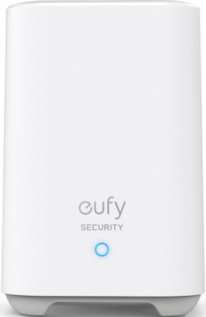 Witte Eufy Security HomeBase met strak design, grijs logo en oplichtende blauwe statusindicator aan de voorzijde.