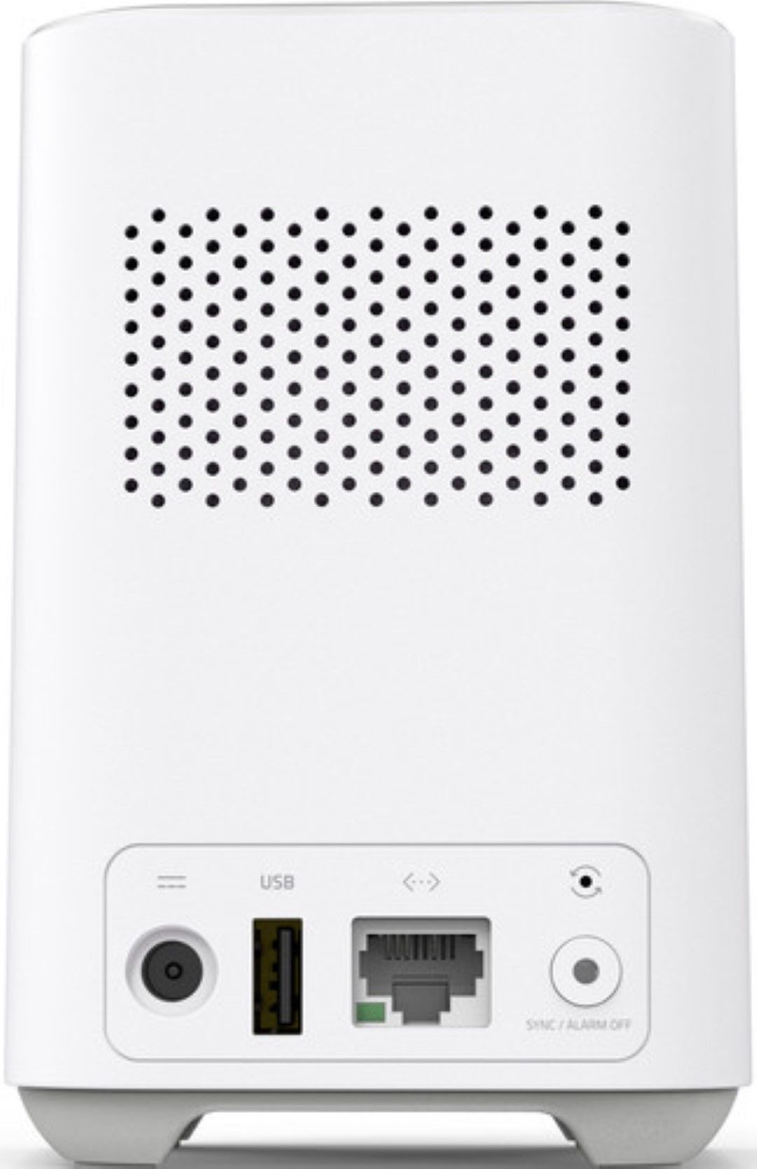 Witte Eufy HomeBase met ventilatierooster, USB-poort, ethernet-aansluiting en sync-knop aan de achterzijde.