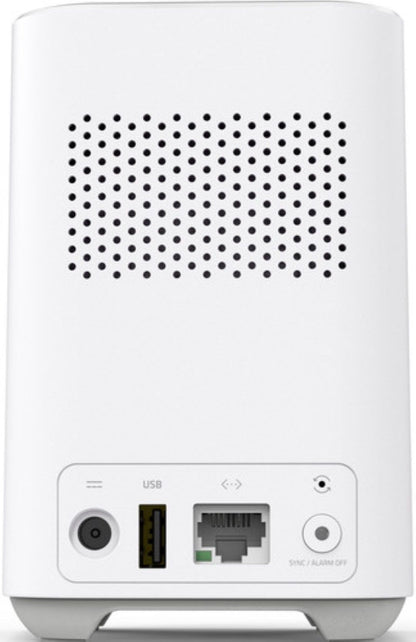 Witte Eufy HomeBase met ventilatierooster, USB-poort, ethernet-aansluiting en sync-knop aan de achterzijde.