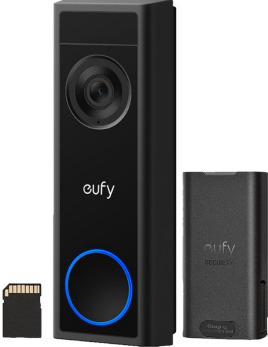 Zwarte Eufy C31 draadloze 2K videodeurbel met blauwe LED-ring, oplaadbare batterij en SD-kaart voor lokale opslag.