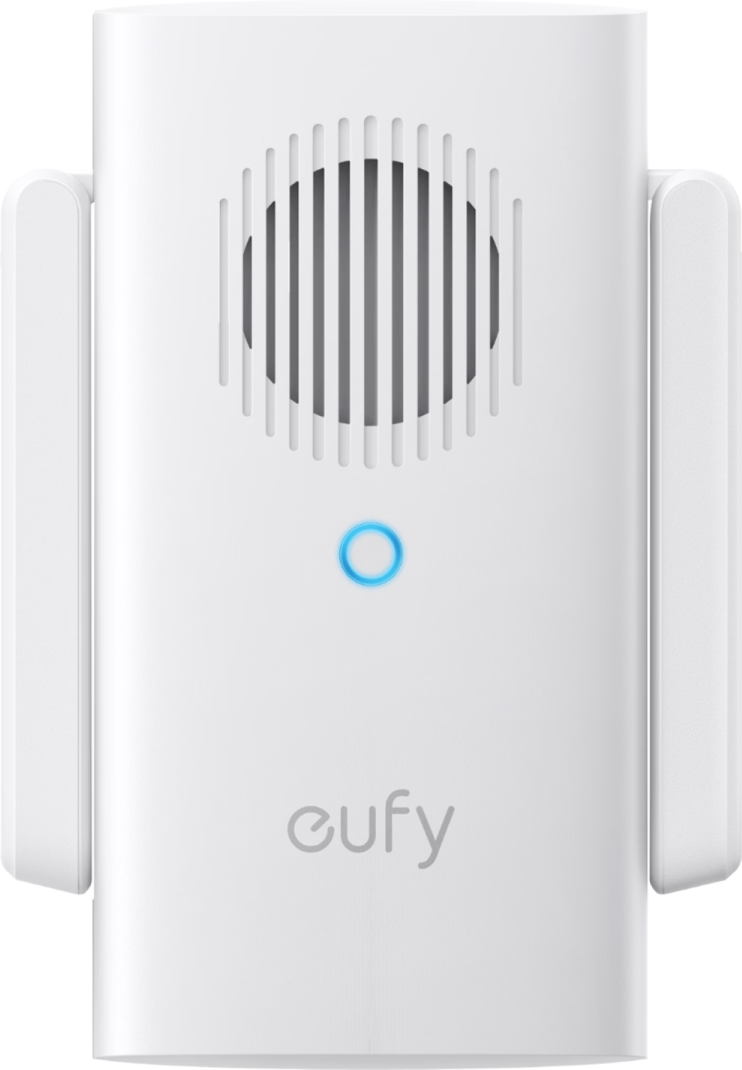 Witte Eufy video deurbel gong met Wi-Fi versterker, ronde luidspreker, blauw LED-indicatielampje en twee zijdelingse antennes.