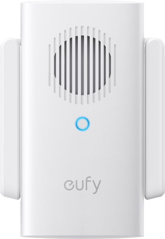 Witte Eufy video deurbel gong met Wi-Fi versterker, ronde luidspreker, blauw LED-indicatielampje en twee zijdelingse antennes.