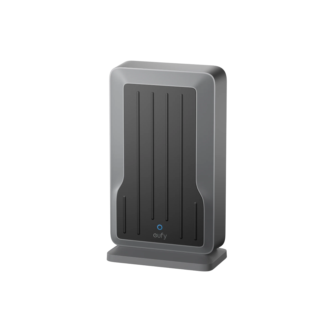 Grijze Eufy Wi-Fi Module T8709 met zwart paneel, verticale lijnen en blauw statuslampje op een standaard.