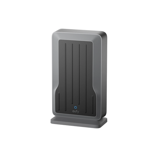 Grijze Eufy Wi-Fi Module T8709 met zwart paneel, verticale lijnen en blauw statuslampje op een standaard.