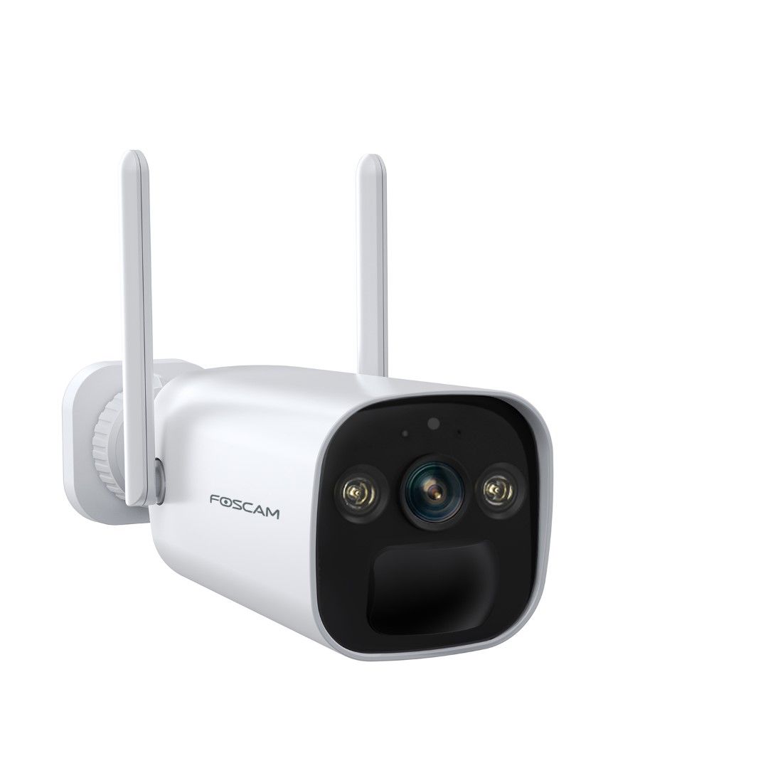Witte Foscam BP4 draadloze 4MP beveiligingscamera met twee antennes, spotlight en zwarte lensbehuizing.